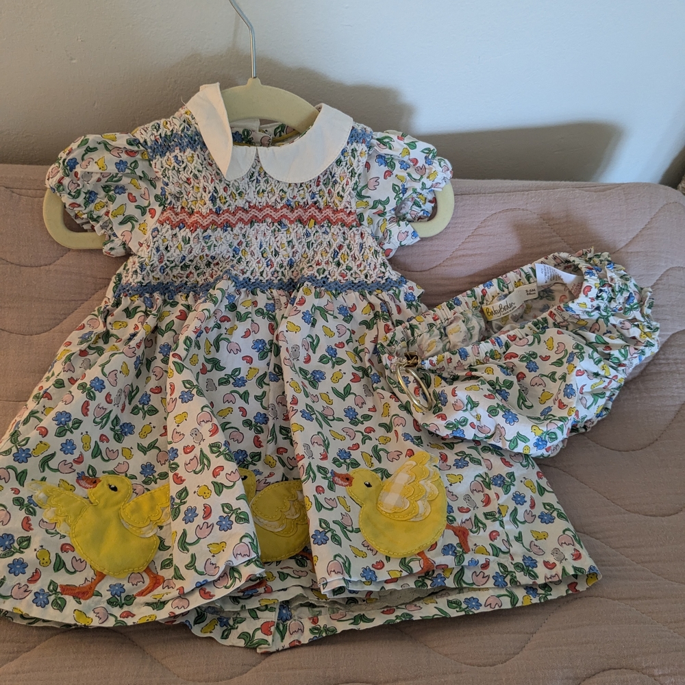 Baby Boden Floral Baby Dress with Yellow Duck Appliqué